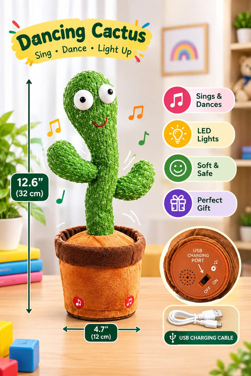 Dancing cactus toy with 12.6 inch height, 4.7 inch pot and USB charging cable