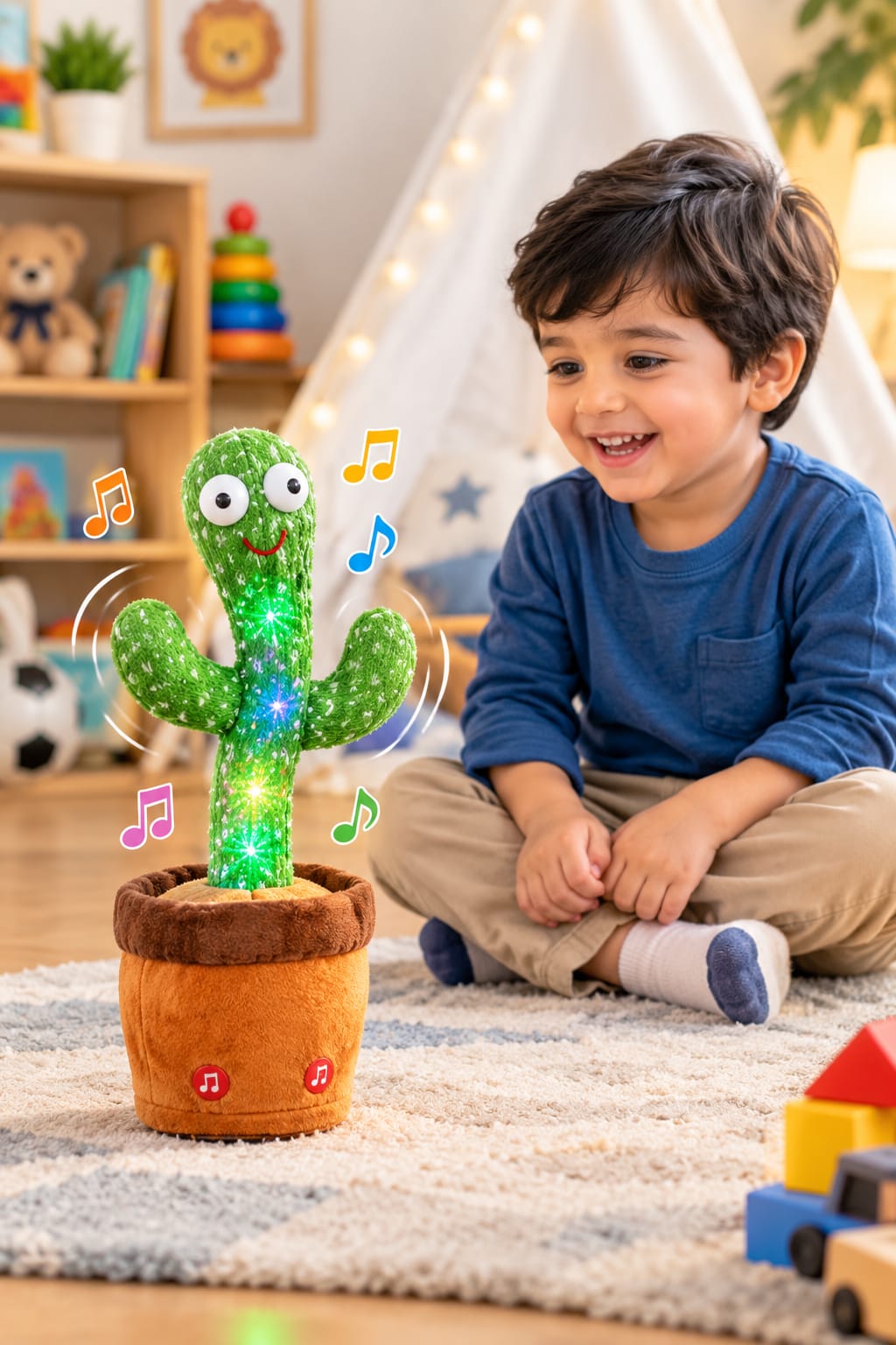 "Dancing Cactus Toy with pink hat and red scarf, arms raised while dancing"

