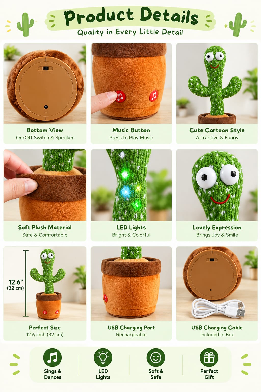"Close-up of Dancing Cactus Toy with big googly eyes and smiling face"

